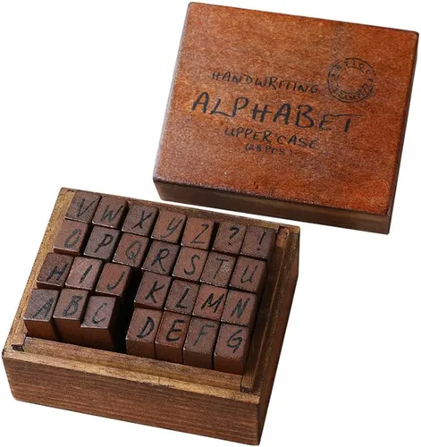 Vista 8 de DIYOMR Sellos de letras vintage, sellos de goma de madera, juego de 26 sellos del alfabeto con caja de madera roja antigua vintage para hacer