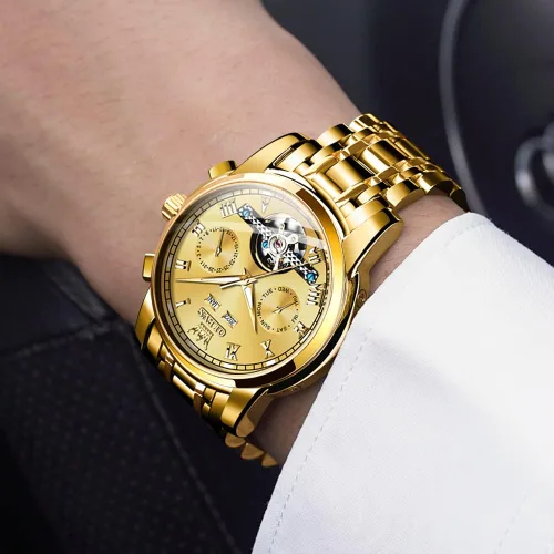 Vista 4 de OLEVS Reloj para hombre Tourbillon automático mecánico de cuerda automática, reloj de pulsera de lujo con doble calendario de acero inoxidable