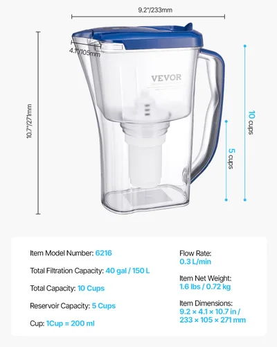 Vista 7 de Jarra con Filtro de Agua VEVOR, Dispensador de Filtro de Agua de 5 Etapas de 9 Tazas, Sistema de Filtración Rápida con Indicador de Cambio