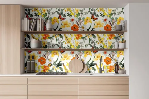 Vista 4 de Blooming Wall DPYC07 - Papel tapiz autoadhesivo con hojas de flores blancas y amarillas con mariposas, autoadhesivos, prepegados, decoración de pared