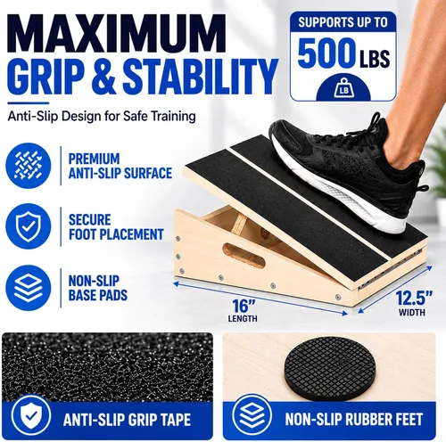 Vista 5 de Tabla inclinada de madera para ejercicio, tabla elástica de pantorrilla, capacidad de 500 libras Kit de ejercicios de tabla inclinada