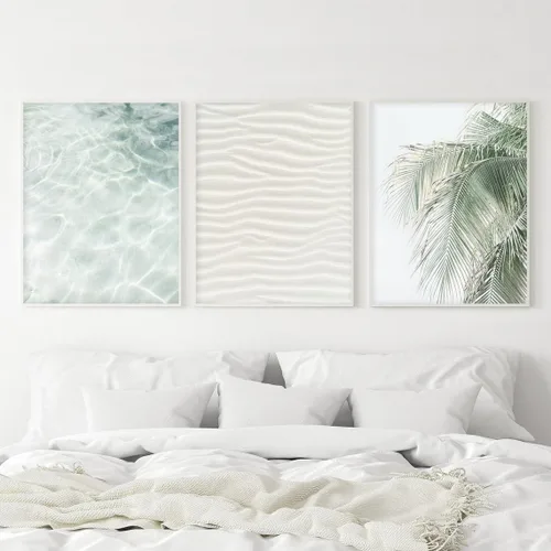 Vista 2 de Lienzo decorativo para pared, 3 piezas, diseño de palmera oceánica, cuadros costeros verde salvia, ilustraciones enmarcadas para decoración de playa