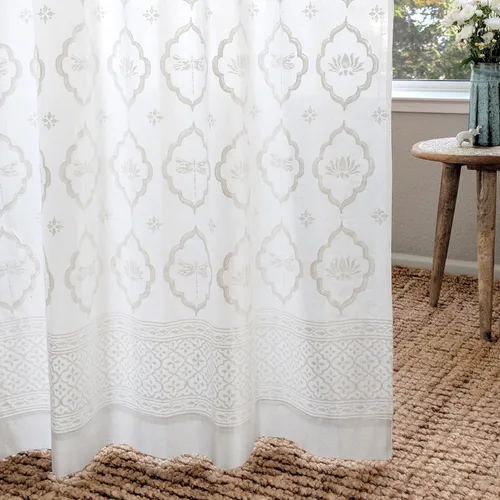 Vista 19 de Panel de cortina transparente blanco y dorado con alzapaños, 100% gasa de algodón, con pestaña superior o bolsillo para barra para decoración