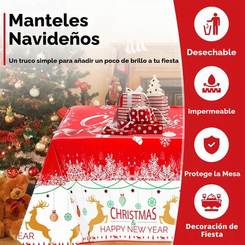 Vista 5 de Paquete de 3 manteles navideños desechables de plástico, manteles de mesa navideños rectangulares rojos para fiestas, con estampado de árbol