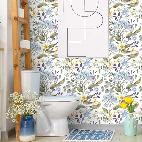 Vista 5 de VEELIKE Papel tapiz de flores de hortensias azules de 17.7 x 118 pulgadas, para despegar y pegar, papel tapiz floral de hojas de eucalipto