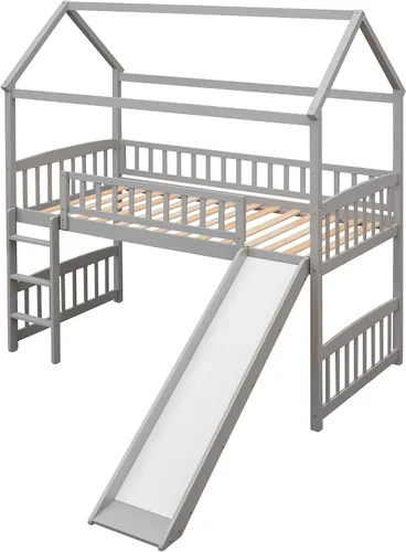 Vista 4 de Litera con tobogán y cama inferior con forma de casa, sin necesidad de somier, para adolescentes, niñas o niños, tamaño individual, color gris Merax