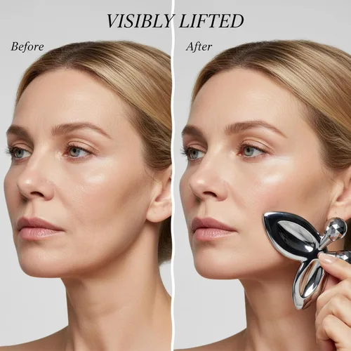 Vista 5 de Herramientas faciales Gua Sha de acero inoxidable, rodillo facial de mariposa 3D para mujeres, herramienta de guasha 2 en 1 para apretar la piel