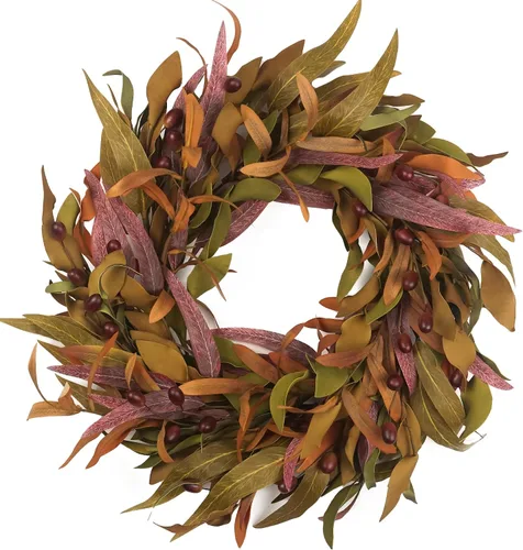 Vista 9 de Corona de olivo para puerta delantera de 22 pulgadas, corona de vegetación para todas las estaciones con hojas de olivo y frutos, decoración