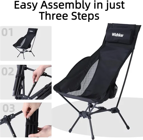 Vista 7 de Wildhiker Sillas de camping plegables y compactas portátiles, respaldo alto ligero con almohada, reclinación profunda, almohadillas, bolsillos Negro
