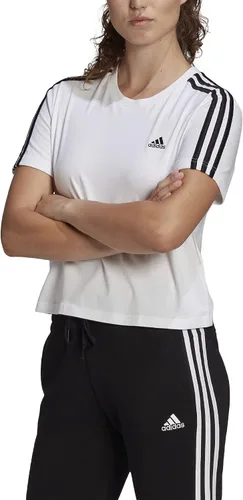 Vista 5 de adidas Camiseta corta de 3 rayas Essentials para mujer, Negro-blanco