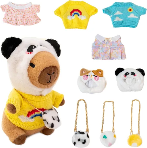 Vista 11 de Capybara - Lindo peluche de peluche para niños y niñas, juego de 10 piezas, 9 prendas y accesorios, juguete de peluche Kawaii, peluche suave