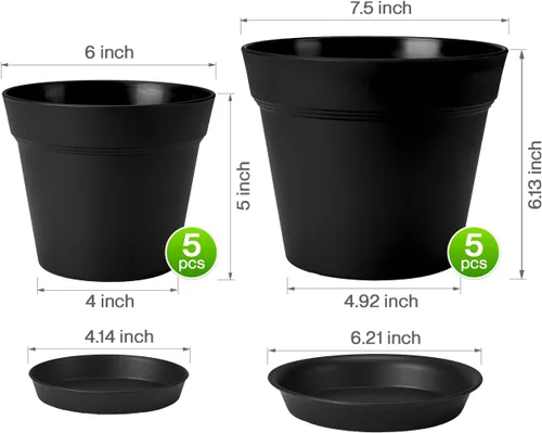 Vista 4 de homenote Macetas de plantas, macetas de 6/7.5 pulgadas para plantas, macetas de plástico para interior con múltiples agujeros de drenaje y bandejas