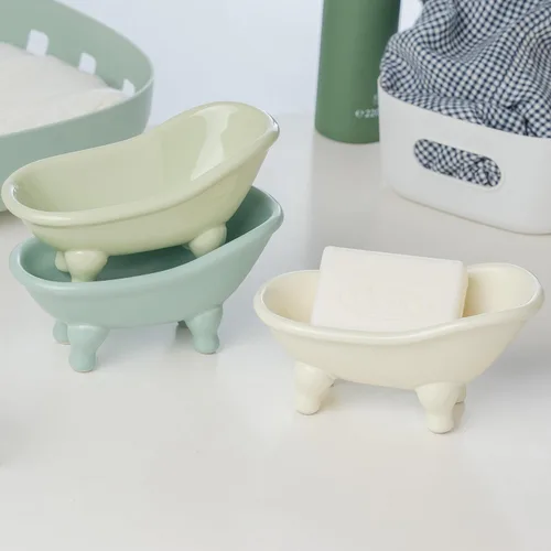 Vista 6 de 5.6" Jabonera de cerámica mini para bañera con decoración de garras para baño (Crème)