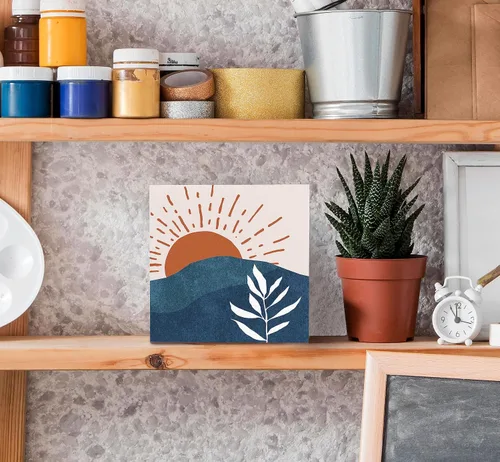 Vista 4 de SRADMO Caja de madera abstracta con hojas botánicas de sol y sol, sol, azul marino, montaña, caja de madera, decoración de escritorio, caja