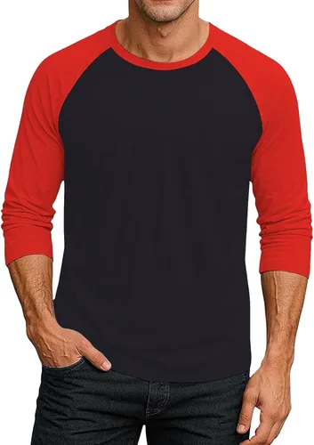 Vista 24 de Camiseta de béisbol raglán para hombre, manga larga, cuello redondo, tela ligera que absorbe la humedad para uso casual