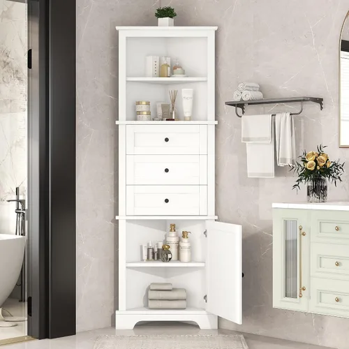 Vista 4 de Armario esquinero alto con 3 cajones y puerta, estantes ajustables, organizador de almacenamiento de baño para sala de estar o cocina, color blanco