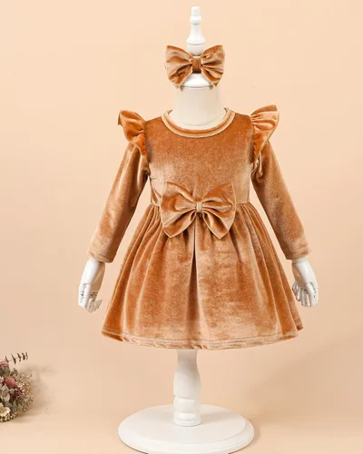 Vista 2 de Kucnuzki Vestido de terciopelo para niña pequeña, vestido de terciopelo sólido para niña, vestido de princesa casual para fiesta de otoño
