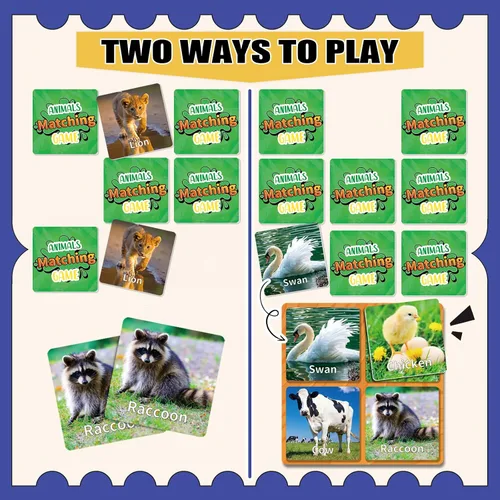 Vista 3 de YTSQLER Juego de emparejamiento de animales para niños 100 piezas Juego de cartas de memoria para niños pequeños Actividades de aprendizaje