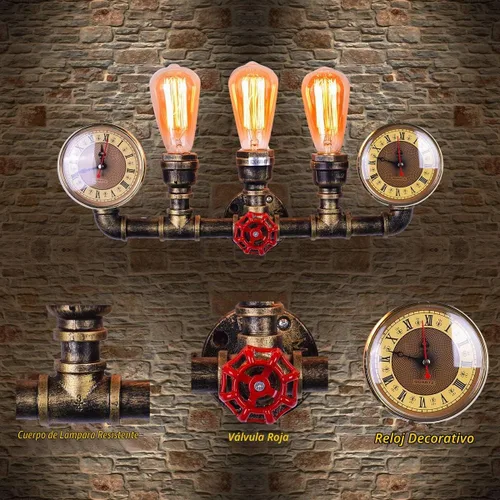 Vista 3 de Aplique de pared de tubo de agua de 3 luces, lámpara de pared Steampunk industrial retro en bronce antiguo