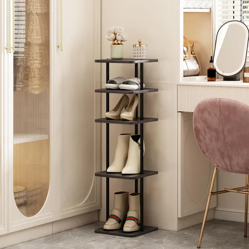 Vista 2 de SORCEDAS Estante vertical para zapatos de 5 niveles, organizador de almacenamiento de zapatos de madera para ahorrar espacio, estante estrecho