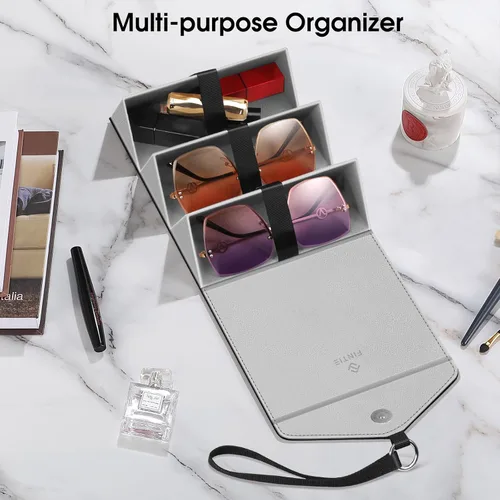 Vista 3 de Fintie Estuche organizador de lentes de sol con 3 ranuras, estuche de viaje para lentes de viaje, caja plegable para mujeres y hombres, color negro