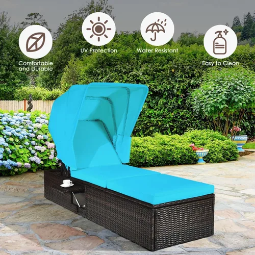 Vista 6 de COSTWAY Silla de ratán para patio, tumbona acolchada, ajustable, color turquesa
