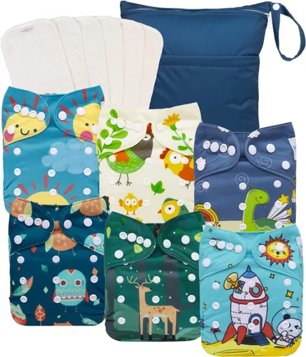 Vista 14 de babygoal AWJ Pañales de tela con panel abdominal, paquete de 13, 6 fundas de pañal con 6 insertos y bolsa seca para humedad, ajustables, lavables