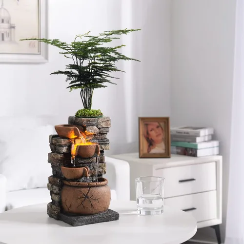 Vista 7 de Fuente interior de 4 tazones Rockery con sonido calmante para decoración del hogar y la oficina con una pequeña maceta de plástico para cultivar