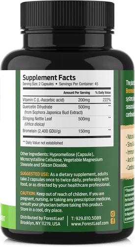 Vista 8 de Quercetina 500 mg con bromelina, vitamina C y ortiga picante. Suplemento avanzado para senos nasales y alergias. 90 cápsulas vegetales naturales.
