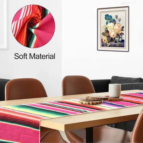 Vista 4 de Moukeren 16 caminos de mesa de serape mexicano, 14 x 84 pulgadas, arco iris, bohemio, con flecos, de algodón, decoración de fiesta temática mexicana