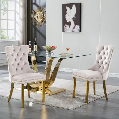 Vista 5 de Moderno juego de mesa de comedor de cristal de 5 piezas para 4, 70 pulgadas rectangular con 4 sillas copetudas de terciopelo beige, juego de mesa