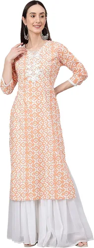 Vista 4 de Janasya Kurta recta impresa algodón melocotón de las mujeres indias para las mujeres