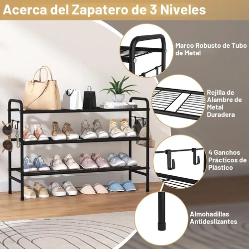 Vista 4 de VILICK Zapatero de 3 niveles de 33 pulgadas de ancho, organizador de Negro