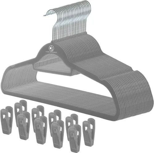 Vista 11 de Perchas de terciopelo negro, ultra delgadas que ahorran espacio, muescas, barra de corbata, gancho giratorio, paquete de 30, con 20 clips