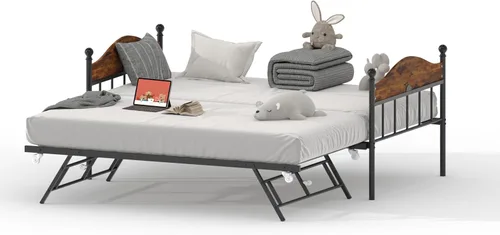 Vista 9 de IDEALHOUSE Sofá cama individual de metal con nido desplegable, cama de plataforma de listones de acero resistente con cabecera elegante, marco