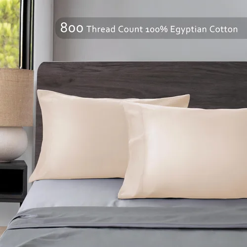 Vista 3 de Juego de 2 fundas de almohada de algodón de tamaño estándar, 800 hilos, 100% algodón egipcio, fundas de almohada naturales, suaves y transpirables