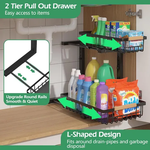 Vista 2 de ADRIMER Organizador para debajo del fregadero, 2 paquetes, organizador extraíble para fregadero de cocina, 2 niveles, organizador de cocina