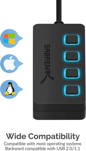 Vista 4 de Sabrent USB de 4 puertos 3.0 Hub con interruptores individuales de energía y LEDs (HB-UM43)