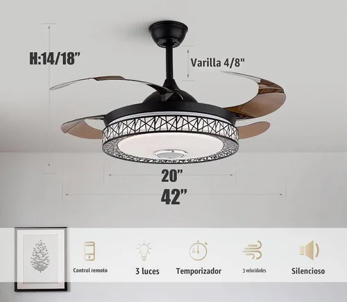 Vista 2 de Fandian Ventilador de techo Bluetooth inteligente moderno de 42 pulgadas con luces de control remoto, lámpara de techo retráctil, 7 luces Nido negro