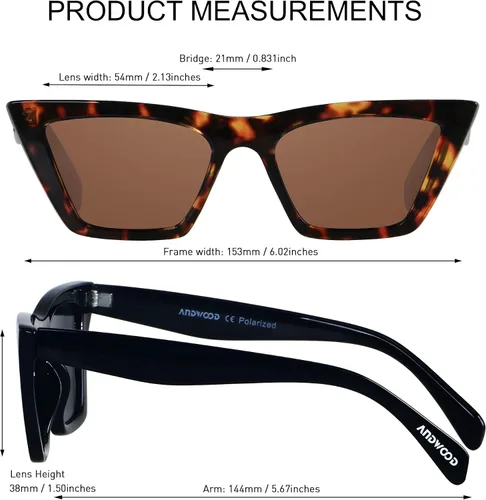 Vista 5 de ANDWOOD Lentes de sol polarizados con diseño de ojo de gato para mujer, estilo vintage, cuadrados, clásicos, retro, (2 unidades) negro+demi Lente