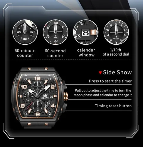Vista 5 de OLEVS Reloj para hombre de lujo de cara grande negro relojes de pulsera de silicona cuadrado multifuncional vestido impermeable cronógrafo analógico