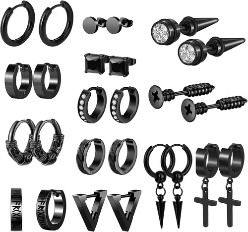 Vista 8 de OIDEA 12/14/15/18 pares de aretes para hombre: aretes de acero inoxidable para hombre, juego de aretes de aro colgantes con cruz, regalo de joyería