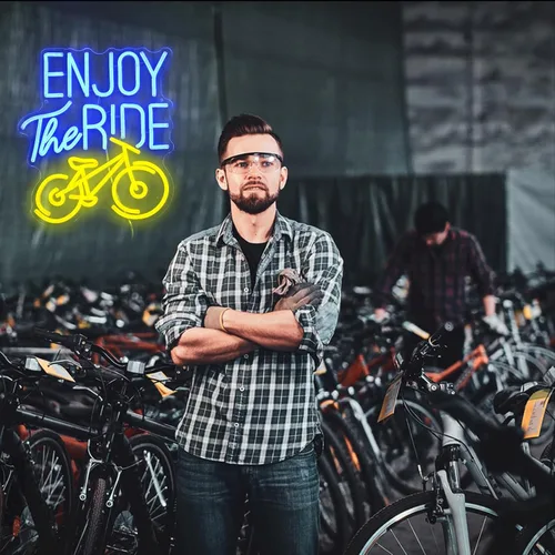 Vista 7 de Letrero de neón con texto en inglés "Enjoy The Ride", letrero de neón para gimnasio, luz de neón motivacional, para hacer ejercicio, bicicleta