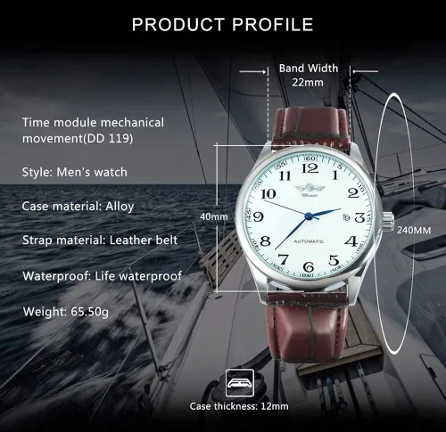 Vista 2 de MASTOP Reloj mecánico automático de negocios Casual Top marca de cuero relojes de pulsera impermeable deporte cronógrafo