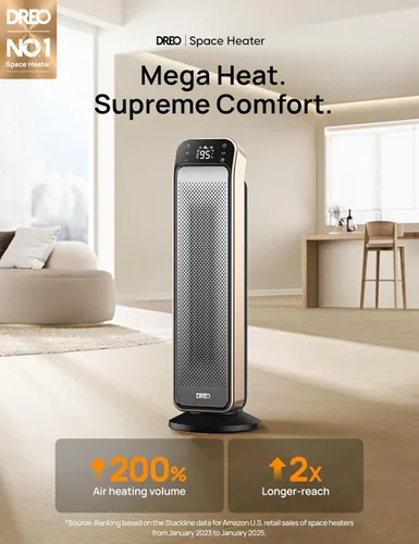 Vista 2 de Dreo Calentador de espacio para interiores, calentador de habitación portátil rápido de 25 pulgadas, 11.5 pies/s con control remoto y termostato, 3