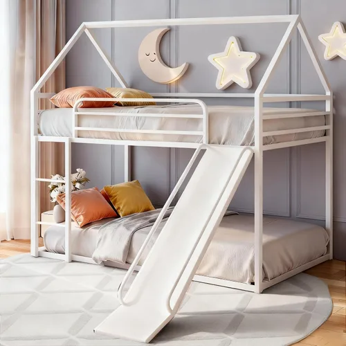 Vista 16 de Litera de cama individual sobre individual con tobogán, marco de cama en forma de casa con escalera, estructura de cama baja de servicio pesado