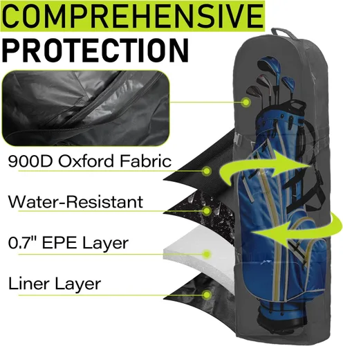 Vista 4 de Bolsa de viaje de golf para exteriores, correas de hombro desmontables y ruedas de goma, fundas de viaje plegables suaves para palos de golf, Oxford