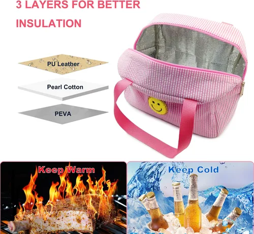 Vista 6 de Lonchera para mujeres, niñas y hombres, lindas bolsas de felpilla con cara sonriente, reutilizable, aislada, gran capacidad, reutilizable, aislada