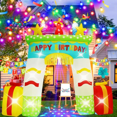 Vista 9 de Pastel inflable de feliz cumpleaños de 6 pies con velas, luces LED integradas, adecuado para decoración de césped en interiores y exteriores