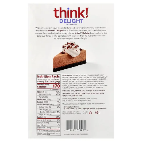 Vista 2 de think! Delight Barras de proteínas, bajas en carbohidratos, sin gluten, pastel de mousse de chocolate, 10 unidades (el embalaje puede variar)